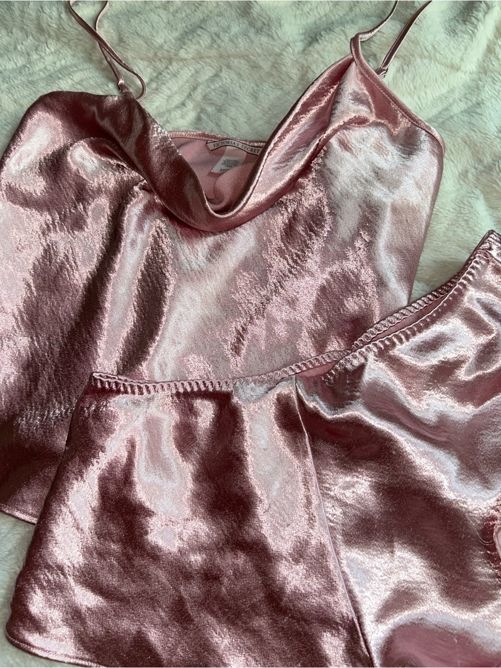 Victoria's Secret Rose Pink Satin Cowl Cami & Shorts Set